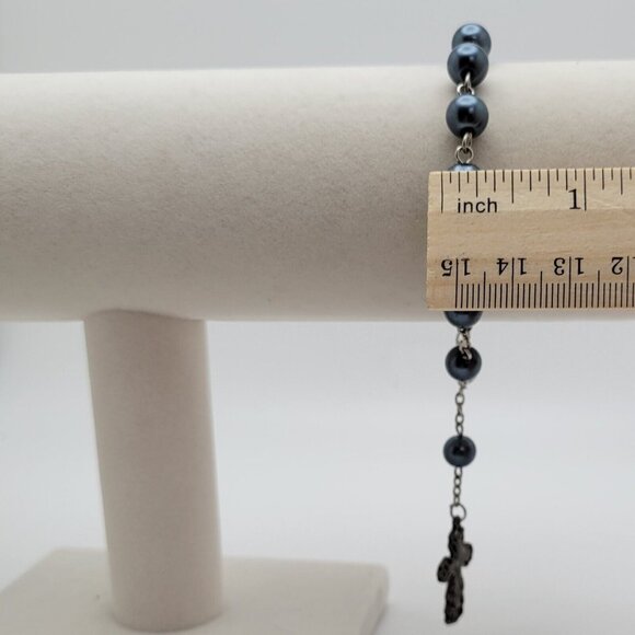 Religious Faith Rosary Style Dark Blue Gray Beaded Ornate Cross Charm Bracelet‎ - Picture 4 of 8